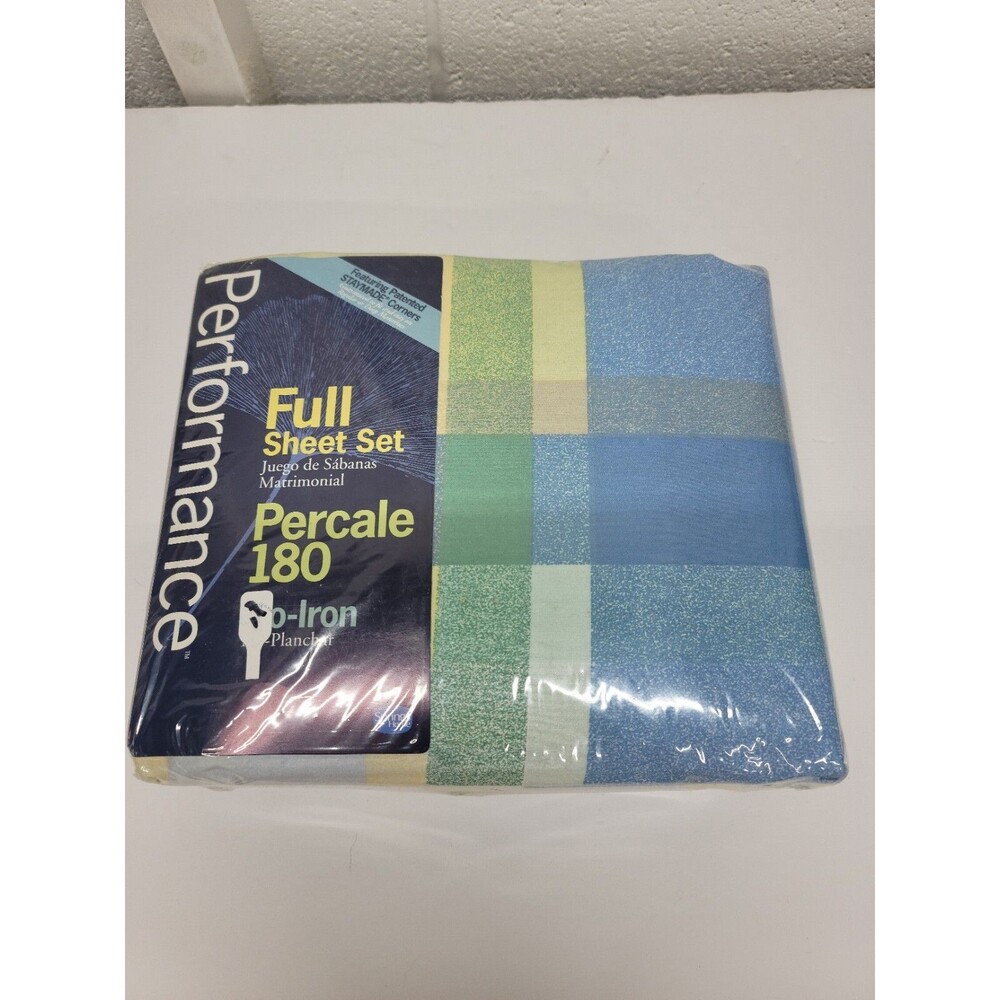 Performance Percale Full Sheet Set, Stay Made Corners, Plaid Yellow Blue